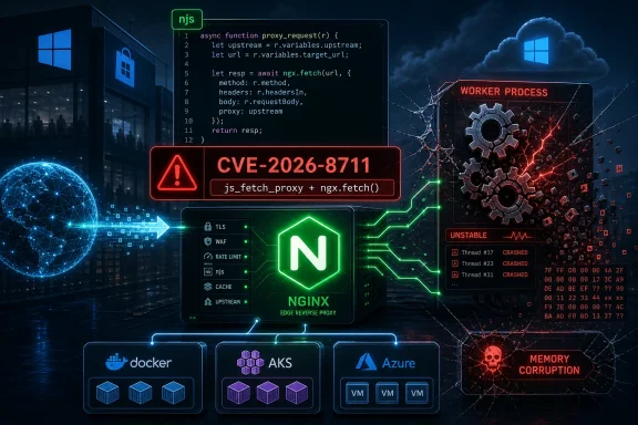 Cybersecurity dashboard shows Nginx proxy code with CVE-2026-8711 warning and crashed worker process.