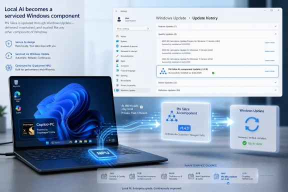 Promotional image showing a Windows Update history with “Phi Silica” AI component updates for local AI on a laptop.