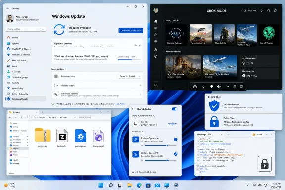 Windows 11 desktop showing Windows Update, Xbox Mode, Shared Audio, Secure Boot, and a deployment terminal.
