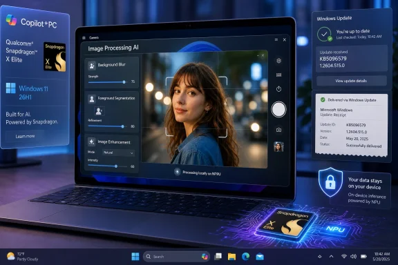 Windows 11 Copilot PC demo shows NPU image processing with update status on a laptop display.