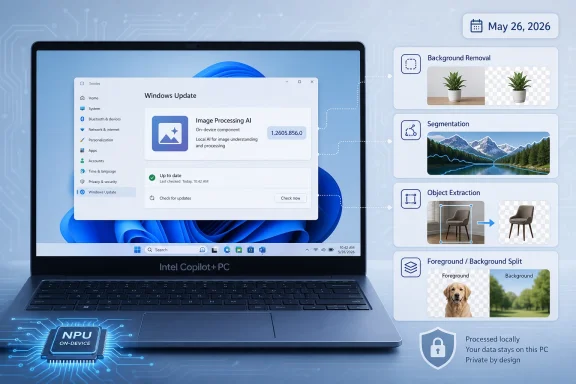 Laptop displays Windows Update with AI image-processing features shown on the side (May 26, 2026).