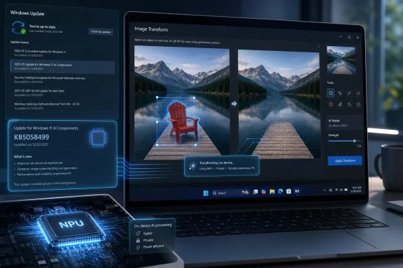 Laptop screen shows Windows Update and Image Transform AI editing with on-device NPU processing.