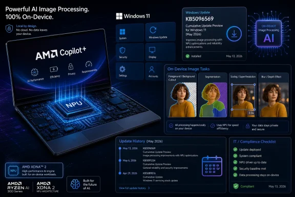 AMD Ryzen laptop on-screen showing on-device AI image processing and Windows update KB5096569 details.