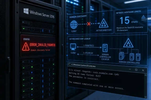 Server rack with Windows Server 2016 dashboard showing Active Directory lookup error and NetBIOS hostname length.