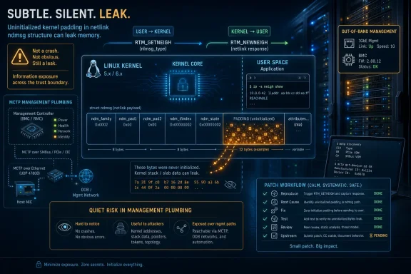 Cybersecurity graphic showing a subtle Netlink memory leak via uninitialized kernel padding and patch workflow.