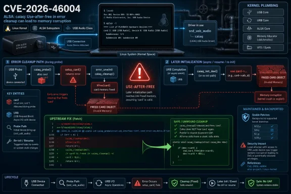 Security infographic showing a Linux kernel UAF bug (CVE-2026-46004) in ALSA/caiaq USB audio and its fix.