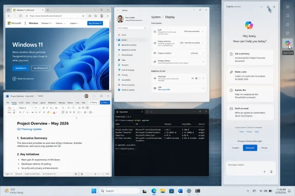 Screenshot collage showing Windows 11 settings, a Word document, PowerShell output, and Copilot chat.