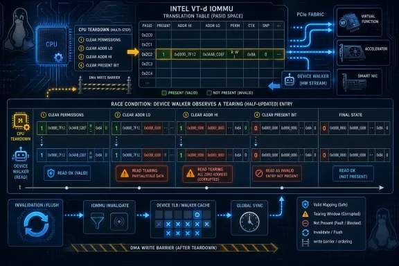 Diagram shows Intel VT-d IOMMU translation table process with CPU teardown, device walker, and tearing race condition.