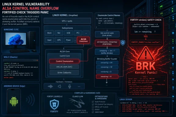 Infographic showing a Linux kernel ALSA control name overflow causing a fortified check failure and kernel panic.