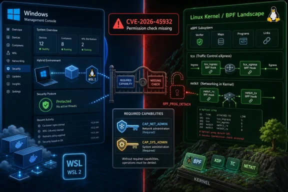 Security dashboard showing Windows and Linux kernel/BPF landscape with CVE-2026-45932 permission check missing warning.