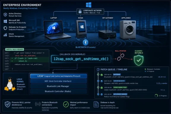 Enterprise IT security diagram showing Windows-based network and Bluetooth/L2CAP kernel patching flow.