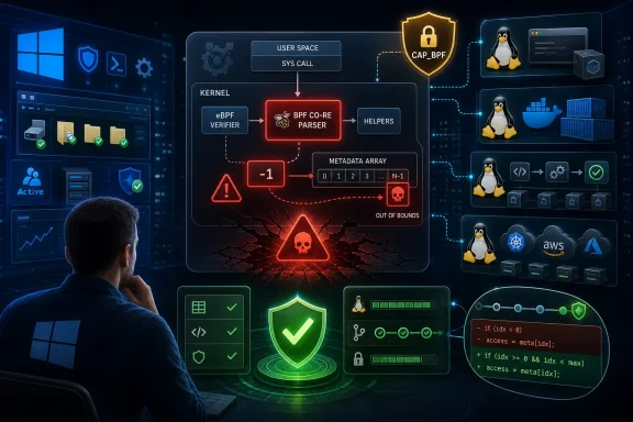 Cybersecurity diagram showing eBPF kernel parsing flow with metadata, CAP_BPF, and out-of-bounds protection warnings.