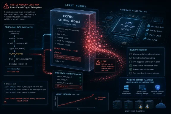 Linux kernel crypto subsystem infographic showing a subtle memory leak risk and error-path cleanup failure.