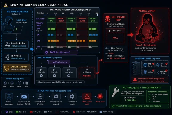 Infographic showing a Linux networking TAPRIO scheduling attack causing a kernel null pointer crash.