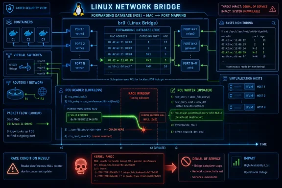 Linux network bridge FDB MAC-to-port mapping diagram showing an RCU race causing kernel panic and DoS.