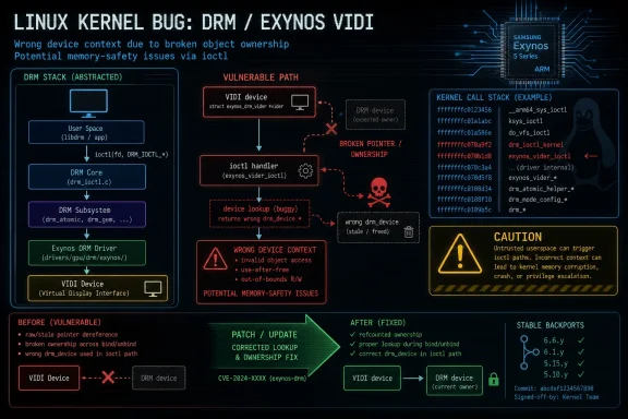 Linux kernel DRM/Exynos VIDI security diagram showing a vulnerable ioctl path and ownership fix.