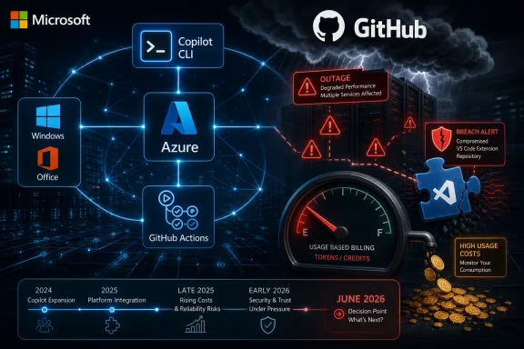 Tech outage and security breach alert graphic across Microsoft, Azure, GitHub, with billing cost warnings and coins.