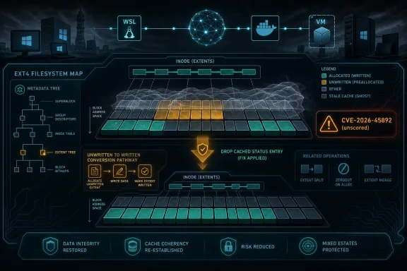 Digital diagram of an EXT4 filesystem map showing inodes, extents, caching status, and CVE alert over a city server backdrop.