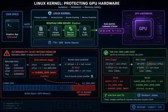 Diagram showing a Linux kernel fix preventing GPU hardware memory safety issues via bounds-check overflow handling.