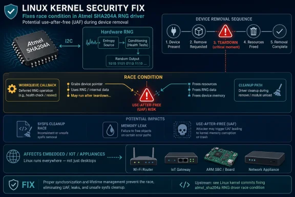 Security infographic on Linux kernel fix for Atmel SHA204A RNG race condition causing use-after-free risk.