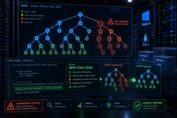 Dashboard shows an ext4 extent status tree with stale/ghost entries and a failed split operation corrected by cache drop.