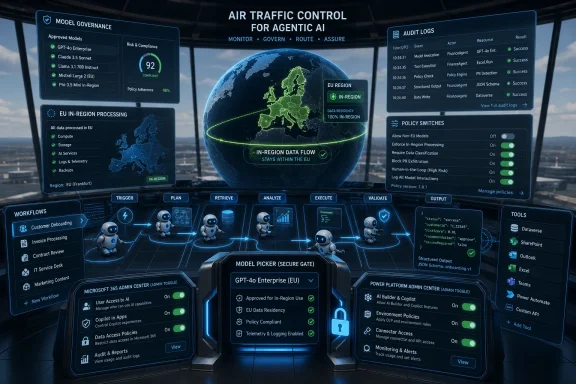 AI air-traffic control dashboard showing agentic governance, EU in-region compliance, audit logs, and policy switches.