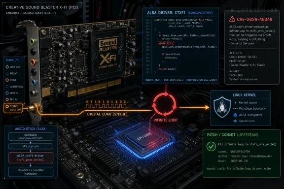 Graphic showing a Sound Blaster X-Fi PCI audio card, ALSA driver code, and a Linux kernel fix for an infinite loop DoS.