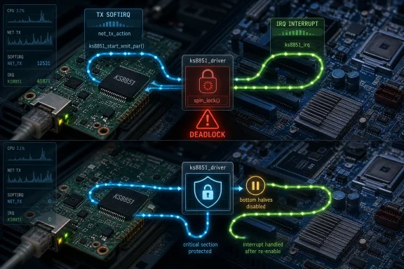 Circuit board visualization showing KSH8851 driver handling TX softirq and IRQ, with deadlock and protection overlays.
