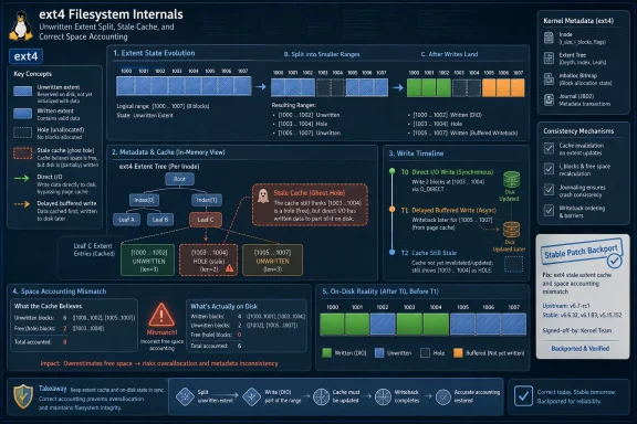 Infographic explaining ext4 filesystem extent caching and write behavior, including stale-cache and journaling timelines.