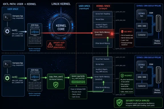 Diagram showing Linux ioclt path from userspace to kernel, highlighting a potential unsafe pointer dereference bug and patch.