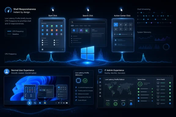 Futuristic dashboard shows low-latency “Shell” responsiveness, scheduling, telemetry, and admin rollout status.