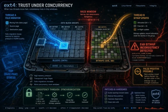 Futuristic ext4 kernel diagram showing concurrent folio moves, bitmap updates, and race-window inconsistency warning.