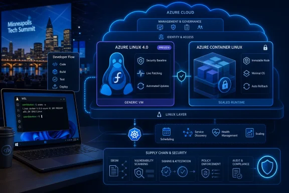 Blue Azure cloud architecture diagram overlaying a laptop terminal at a tech summit backdrop.