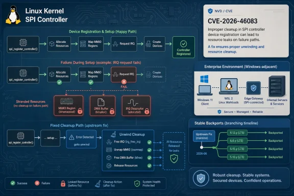 Infographic about a Linux SPI controller bug (CVE-2026-46083) showing cleanup failure and upstream fix.