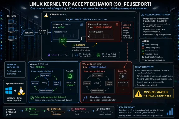 Diagram explaining Linux TCP SO_REUSEPORT listener migration and a missing wakeup causing stalled readiness.