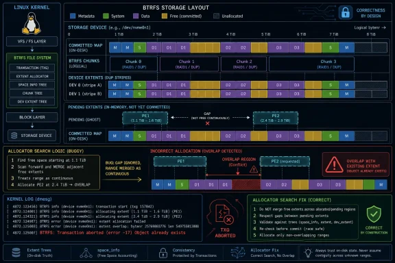 Diagram shows a Btrfs allocation layout with an overlap bug causing a transaction abort and correctness-by-design fix.