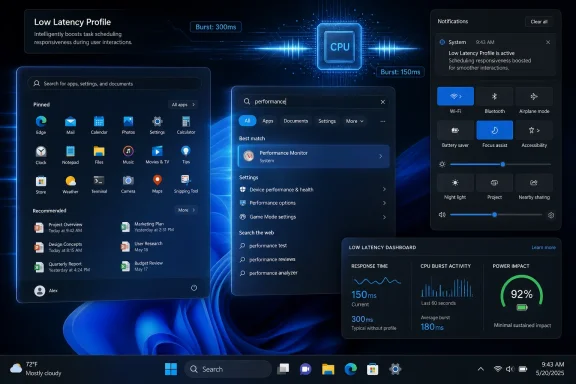 A futuristic Windows desktop shows a “Low Latency Profile” CPU boost and settings dashboard with burst/response metrics.