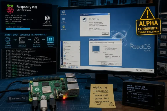 Raspberry Pi 5 booting ReactOS Alpha on a monitor with an “ALPHA EXPERIMENTAL” warning and UART log.