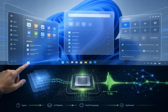 Hand points at glowing blue UI panels over a computer chip and network wave graph background.
