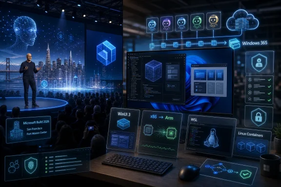 Tech conference stage with code/AI graphics and laptops showcasing Microsoft Windows 365, containers, and Linux.