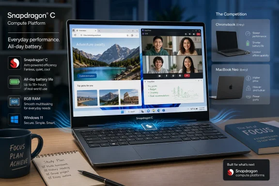 A laptop on a desk displays Windows apps, with ads for Snapdragon C compute platform and battery life claims.