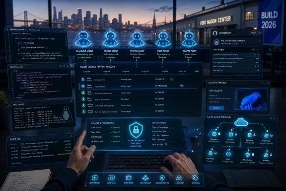 Developer hands control a futuristic AI agent dashboard showing coding, testing, and release workflows over a city skyline.