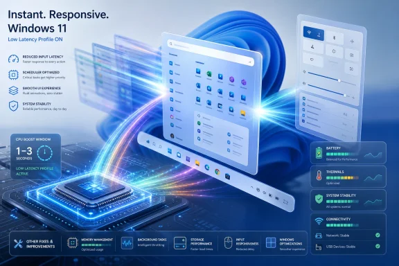 Promotional graphic showing Windows 11 low-latency performance on blue tech screens and a CPU chip.