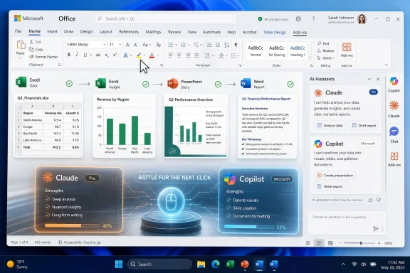 Screenshot of Microsoft Word with Excel/PowerPoint widgets and AI assistants Claude and Copilot panels.