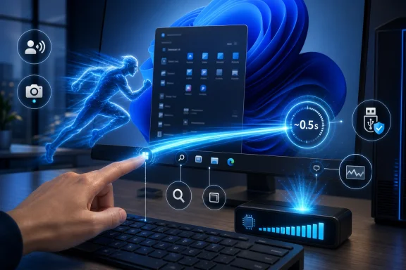 Hand uses a computer with blue holographic UI, network icons, and fast data timing effect (~0.5s).
