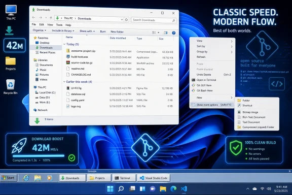 Windows File Explorer shows downloads on a blue “classic speed, modern flow” themed desktop.