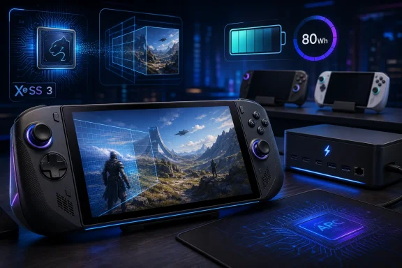 Futuristic gaming handheld and dock with neon UI showing 80Wh battery, FPS, and security-themed graphics.