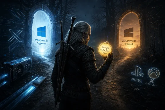 Geralt with swords faces rival portals showing Windows 11 supported vs Windows 10 untested.