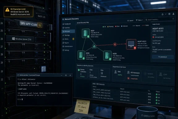 Data center screens show Active Directory/NetBIOS network discovery errors with an open command prompt.