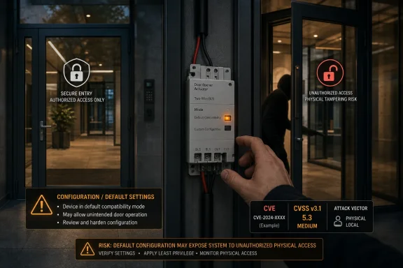 Hand adjusts a door opener actuator beside access-control warning overlays showing secure and unauthorized access risks.